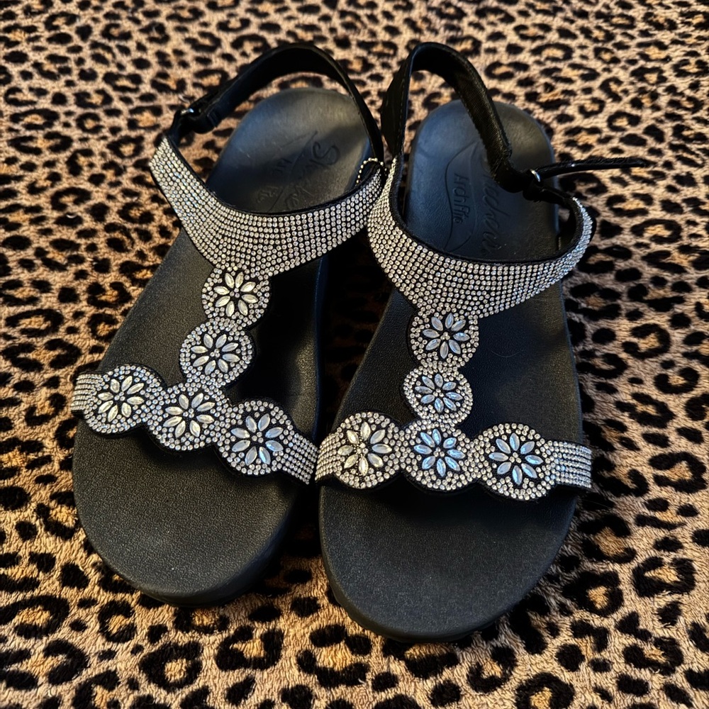 Skechers Black and Silver Embellished Sandals